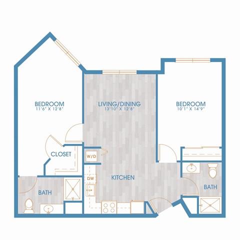 Floor plan for 2 beds, 2 baths, 952 sqft
